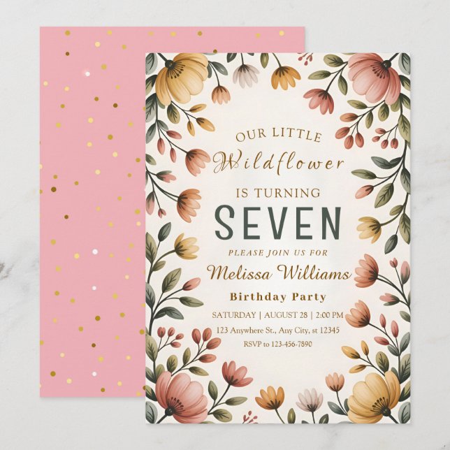 Invitation Fille Anniversaire Fleur Sauvage Rustique (Devant / Derrière)
