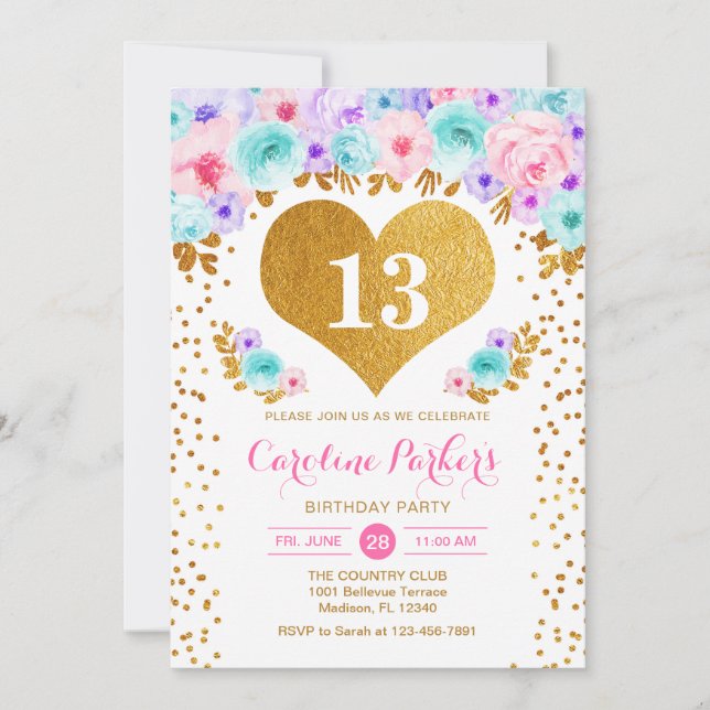 Invitation Fille Anniversaire - Gold Heart Turquoise violet r (Devant)