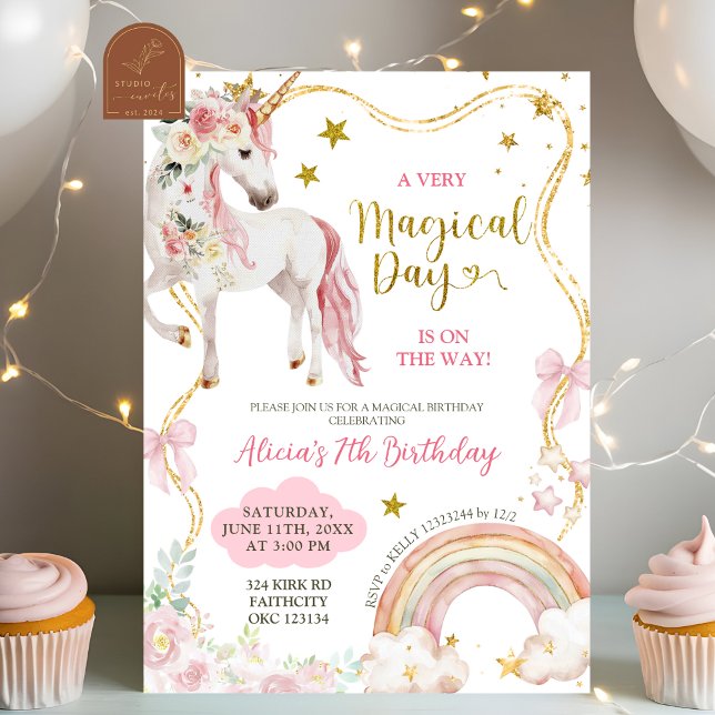 Invitation Fille Anniversaire Licorne Magique Coquette (Créateur téléchargé)