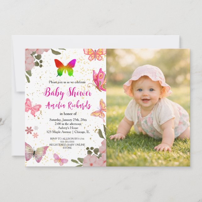 Invitation Fille anniversaire papillon élégant or rose violet (Devant)