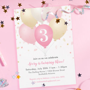 Invitation Fille Anniversaire Pink, Gold & White Balloons