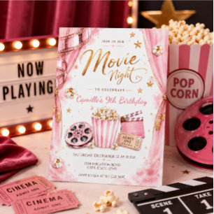 Invitation Fille anniversaire soirée cinéma Or Rose