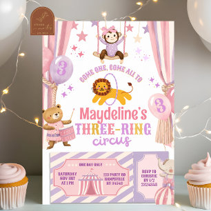 Invitation Fille Anniversaire Trois-Rings Cirque Rose Violet