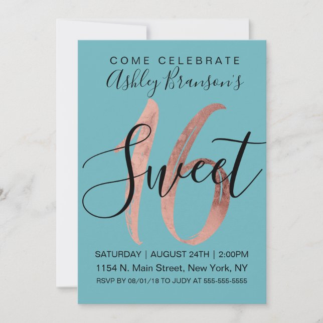 Invitation Fille Aquamarine Rose Gold Foil Sweet 16 (Devant)