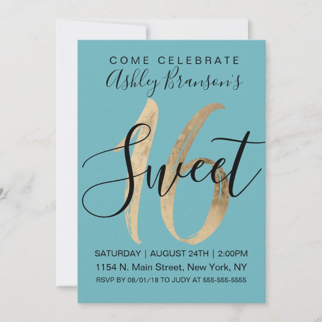 Invitation Fille Aquamarine Turquoise Gold Foil Sweet 16 (Devant)