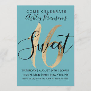 Invitation Fille Aquamarine Turquoise Gold Foil Sweet 16