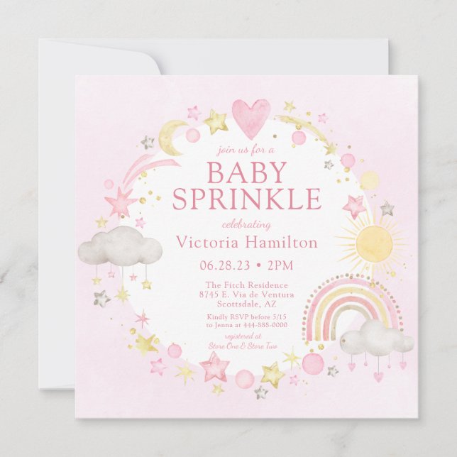 Invitation Fille Aquarelle Arc-en-ciel Baby Sprinkle (Devant)