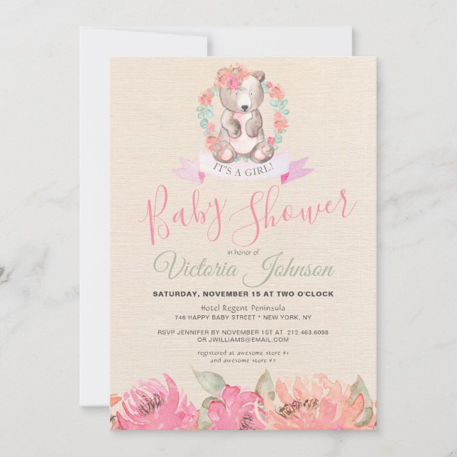 Invitation Fille Aquarelle Bébé Ours Bois Floral (Devant)