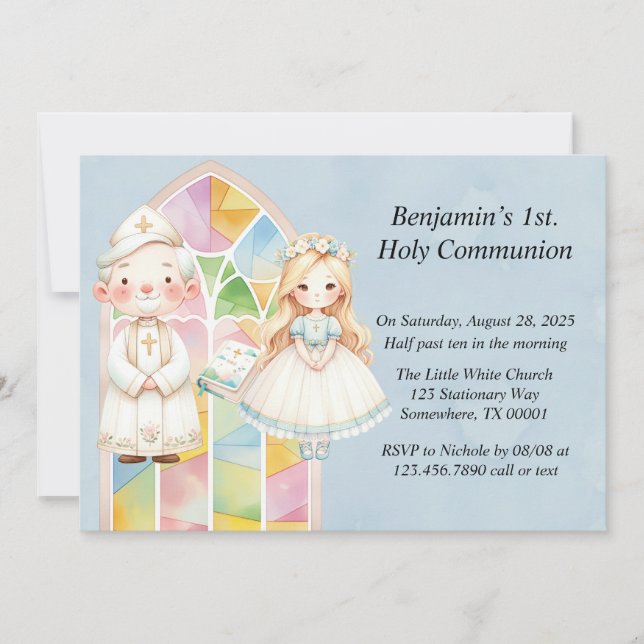 Invitation Fille aquarelle bleue 1ère communion (Devant)