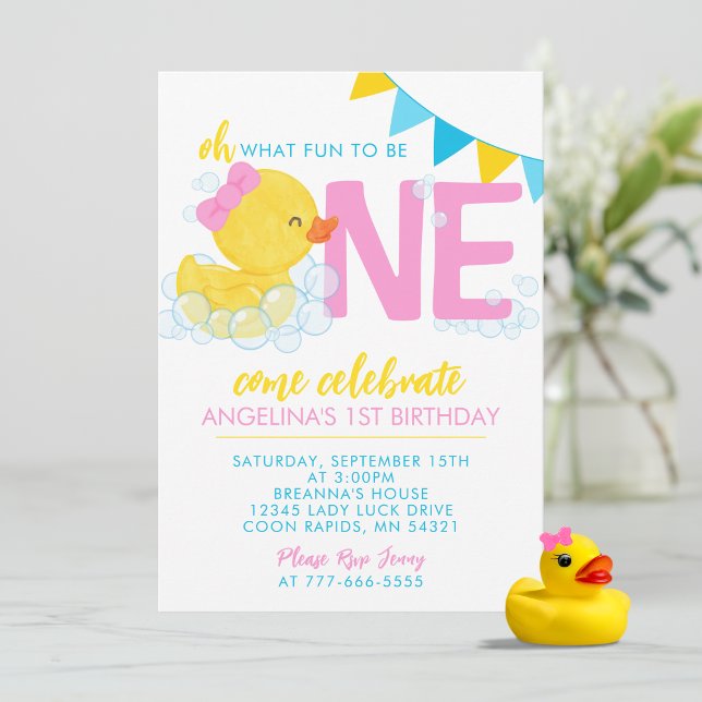 Invitation Fille Aquarelle Caoutchouc 1er Anniversaire Fête (Girl Rubber Duck 1st Birthday Invitations. Available printed with envelopes or digital download)
