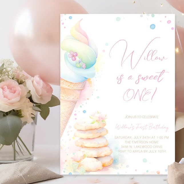 Invitation Fille aquarelle douceurs premier anniversaire (Pretty pastel sweet one first birthday invitation. Simply add your event details.)