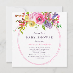 Invitation Fille Aquarelle rose Baby shower Floral