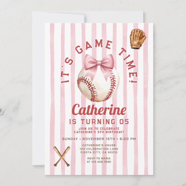 Invitation Fille Arc-en-ciel Rose Baseball Game Time Annivers (Devant)