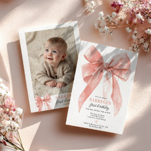 Invitation Fille Arc-en-Ciel Ruban Rose 1er Anniversaire Phot
