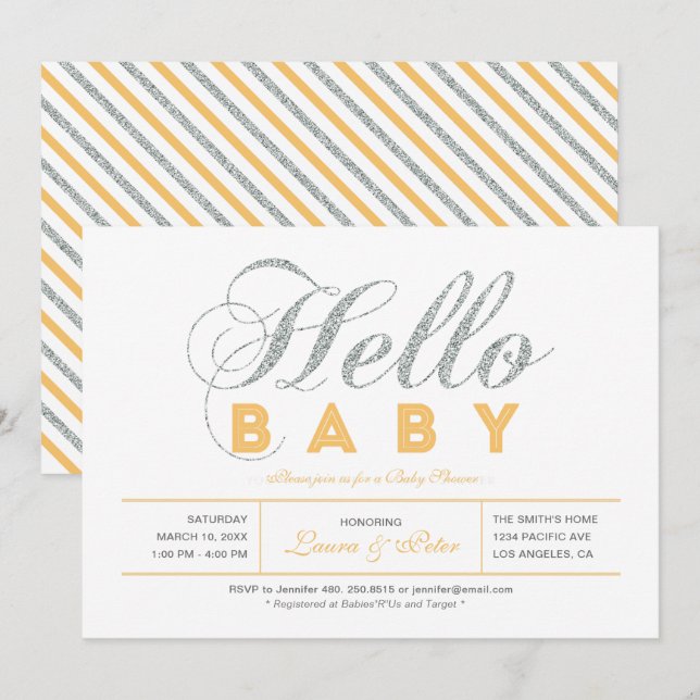 Invitation Fille Argent | Baby Shower Typographie Moderne (Devant / Derrière)