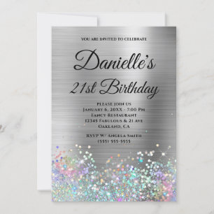 Invitation Fille Argent Holo Parties scintillant Fancy Monogr