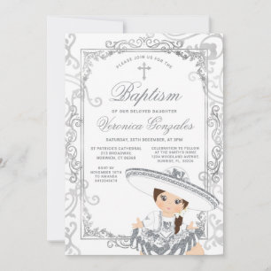 Invitation Fille argentée Baptême mexicain Charro Croix Fête