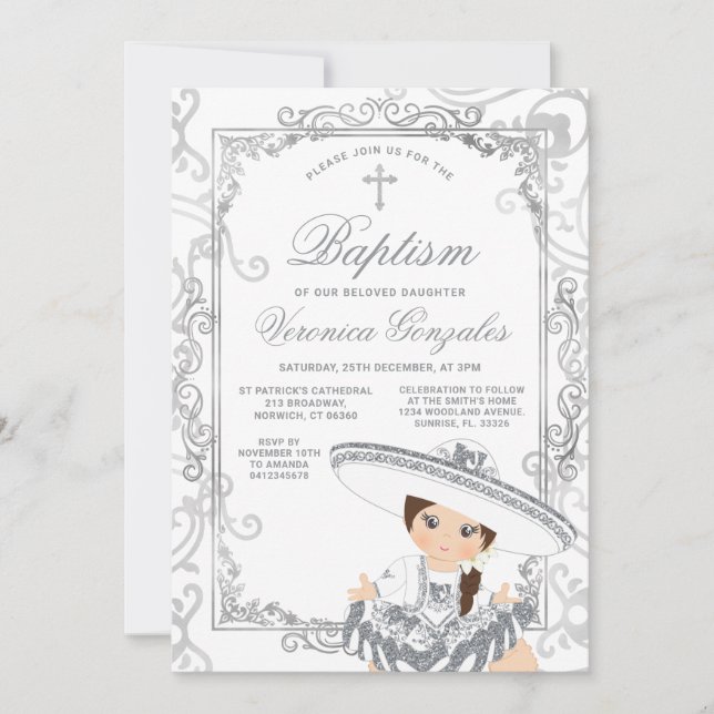 Invitation Fille argentée Baptême mexicain Charro Croix Fête (Devant)