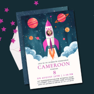 Invitation Fille Astronaute de Fusée Rose Amusante Photo de M