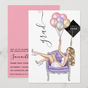 Invitation Fille au ballon blond rose et violet pour la remis