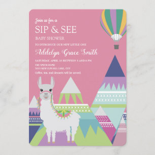 Invitation Fille au ballon en forme d'alpaca rose Baby Shower