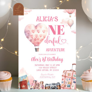 Invitation Fille au ballon en forme de Pink Air pour son 1er 