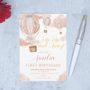 Invitation Fille au ballon gonflable rose premier anniversair