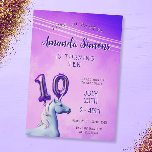 Invitation Fille au ballon licorne dégradé violet 10e anniver