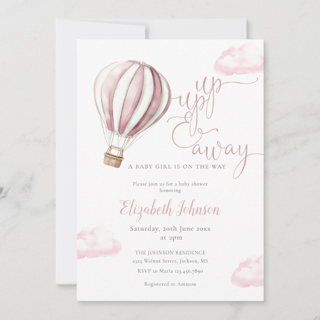 Invitation Fille au ballon rose Code QR Photo Baby Shower (Devant)