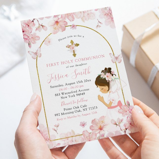 Invitation Fille au cerisier rose à genoux première communion (Créateur téléchargé)