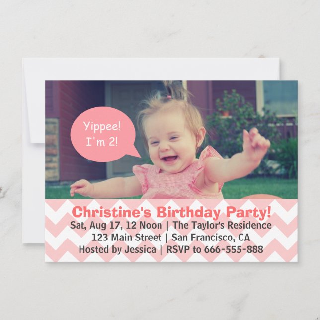 Invitation Fille au Chevron Rose Anniversaire, Bulle de Parol (Devant)