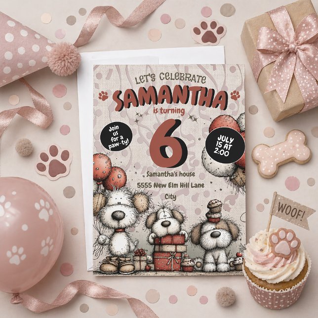 Invitation Fille au Chien Rustique pour son 6ème Anniversaire (Cute puppy dog little girl's 6th birthday party invitation)