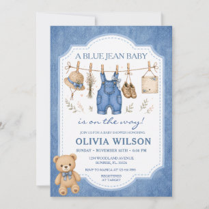 Invitation Fille au corde à linge en jeans bébé Shower