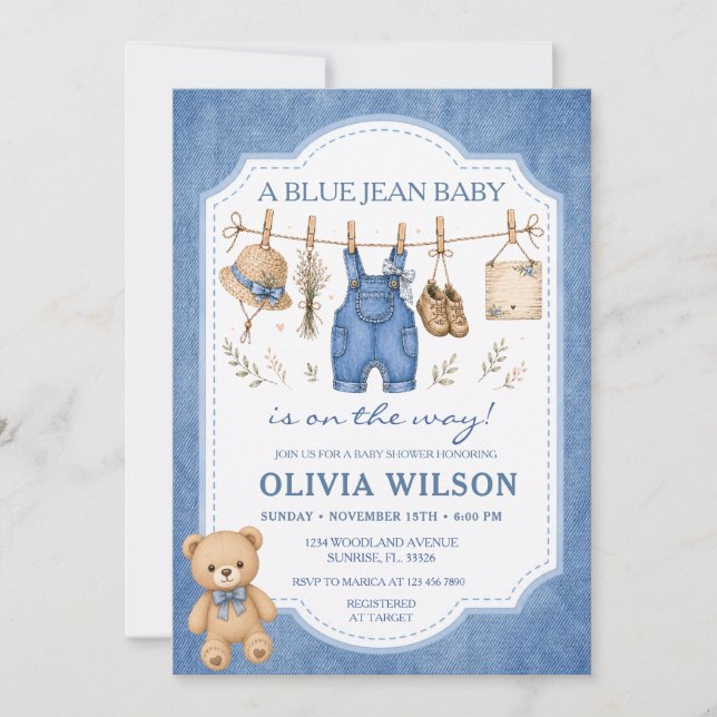 Invitation Fille au corde à linge en jeans bébé Shower  (Devant)