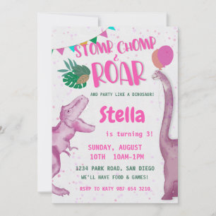 Invitation Fille au dinosaure rose 