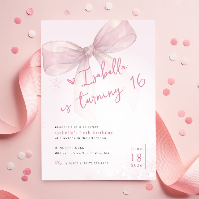 Invitation Fille au flocon de neige d'hiver Ruban rose 16e an (Créateur téléchargé)