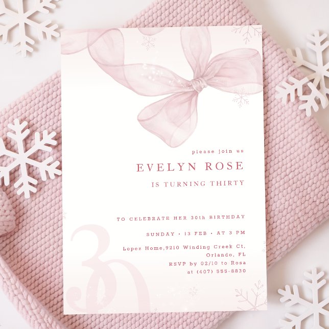 Invitation Fille au flocon de neige d'hiver Ruban rose 30e an (Créateur téléchargé)