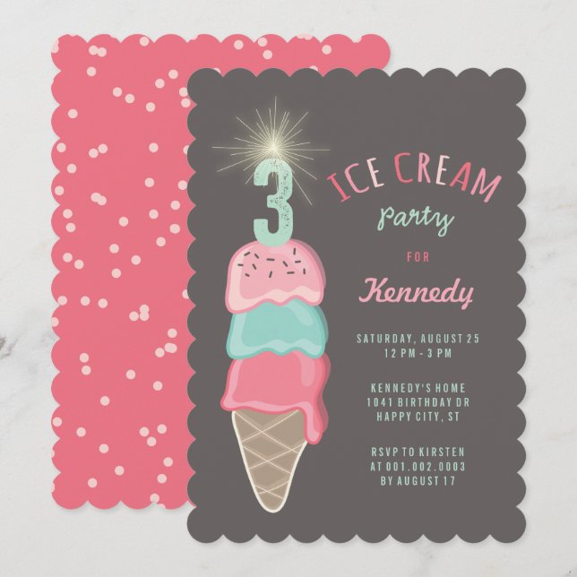 Invitation Fille au gâteau d'anniversaire 3 ans glace à la me (Devant / Derrière)