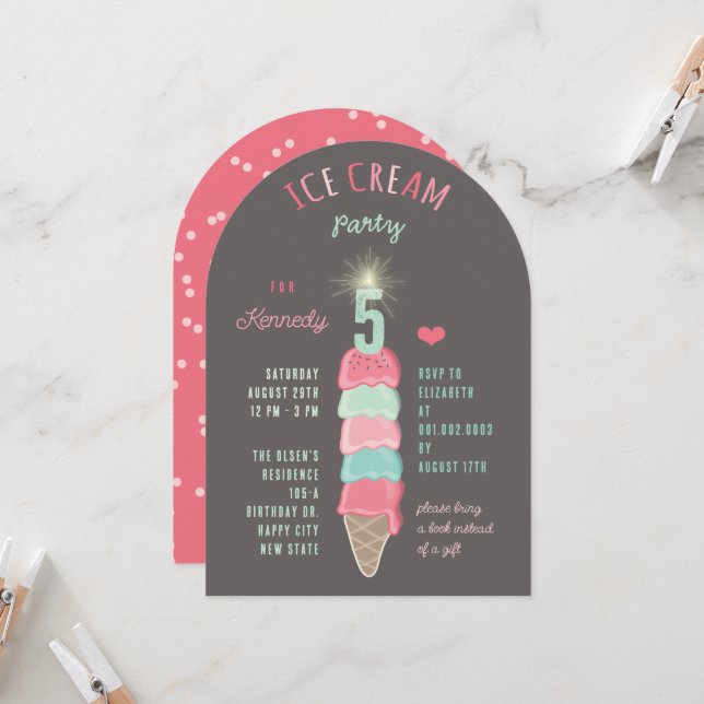 Invitation Fille au gâteau d'anniversaire 5 ans glace Menthe  (Devant/Arrière en situation)