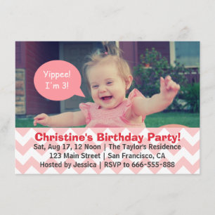 Invitation Fille au motif Chevron Rose Anniversaire, Bulle de