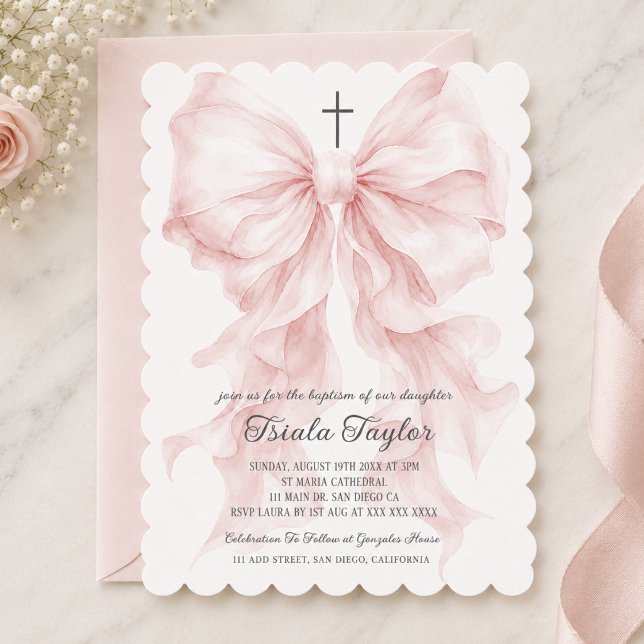 Invitation Fille au nœud rose Baptême (Créateur téléchargé)