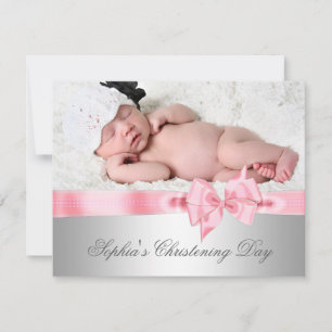 Invitation Fille au noeud rose damassé argenté photo baptême