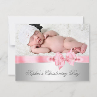 Invitation Fille au noeud rose damassé argenté photo baptême