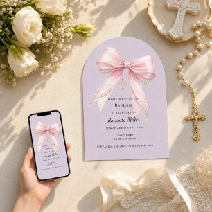 Invitation Fille au nœud rose perles arche baptême lavande po