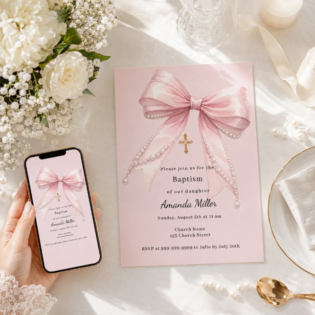 Invitation Fille au nœud rose perles élégant Baptême (Créateur téléchargé)