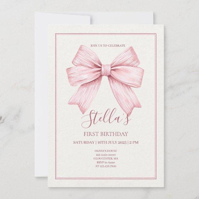 Invitation Fille au Nœud Rose Premier (Devant)
