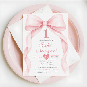Invitation Fille au noeud rose premier anniversaire