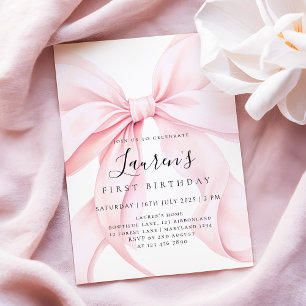 Invitation Fille au Nœud Rose Premier Anniversaire 