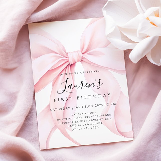 Invitation Fille au Nœud Rose Premier Anniversaire  (Créateur téléchargé)