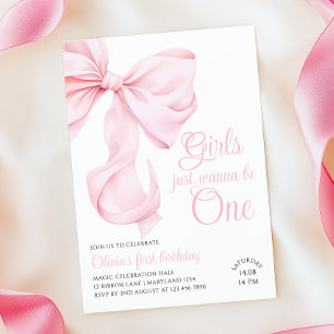 Invitation Fille au Nœud Rose Premier Anniversaire